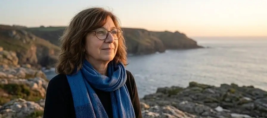 Clotilde Bressolin no penhasco ao entardecer, cachecol azul, mar ao fundo