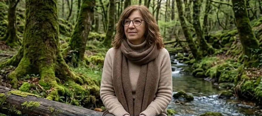 Clotilde sentada na floresta úmida, ao lado de um riacho