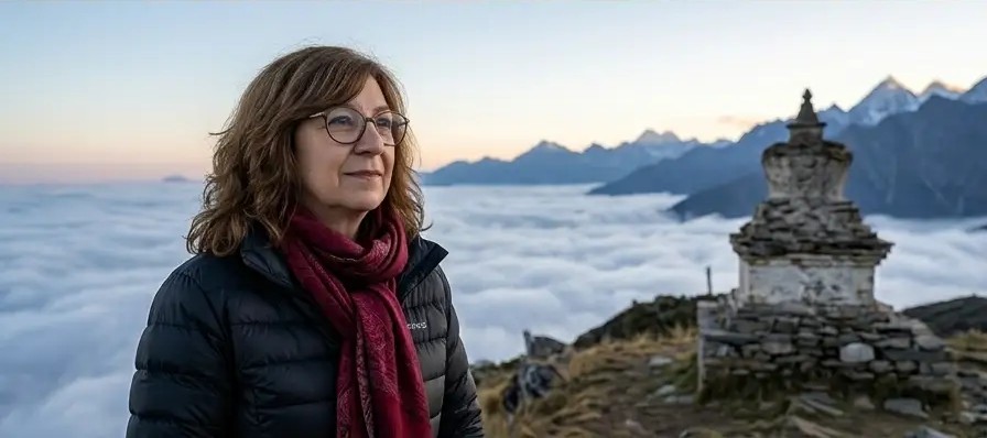 Clotilde nas montanhas acima das nuvens, ao lado de um stupa de pedra